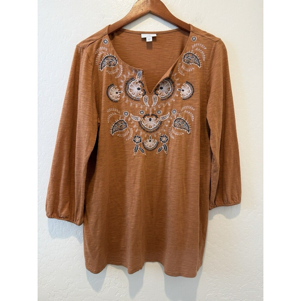 J.Jill sz. M Cotton Blend Floral Embroidered 3/4 Sleeve Tunic Top Pumpkin Color